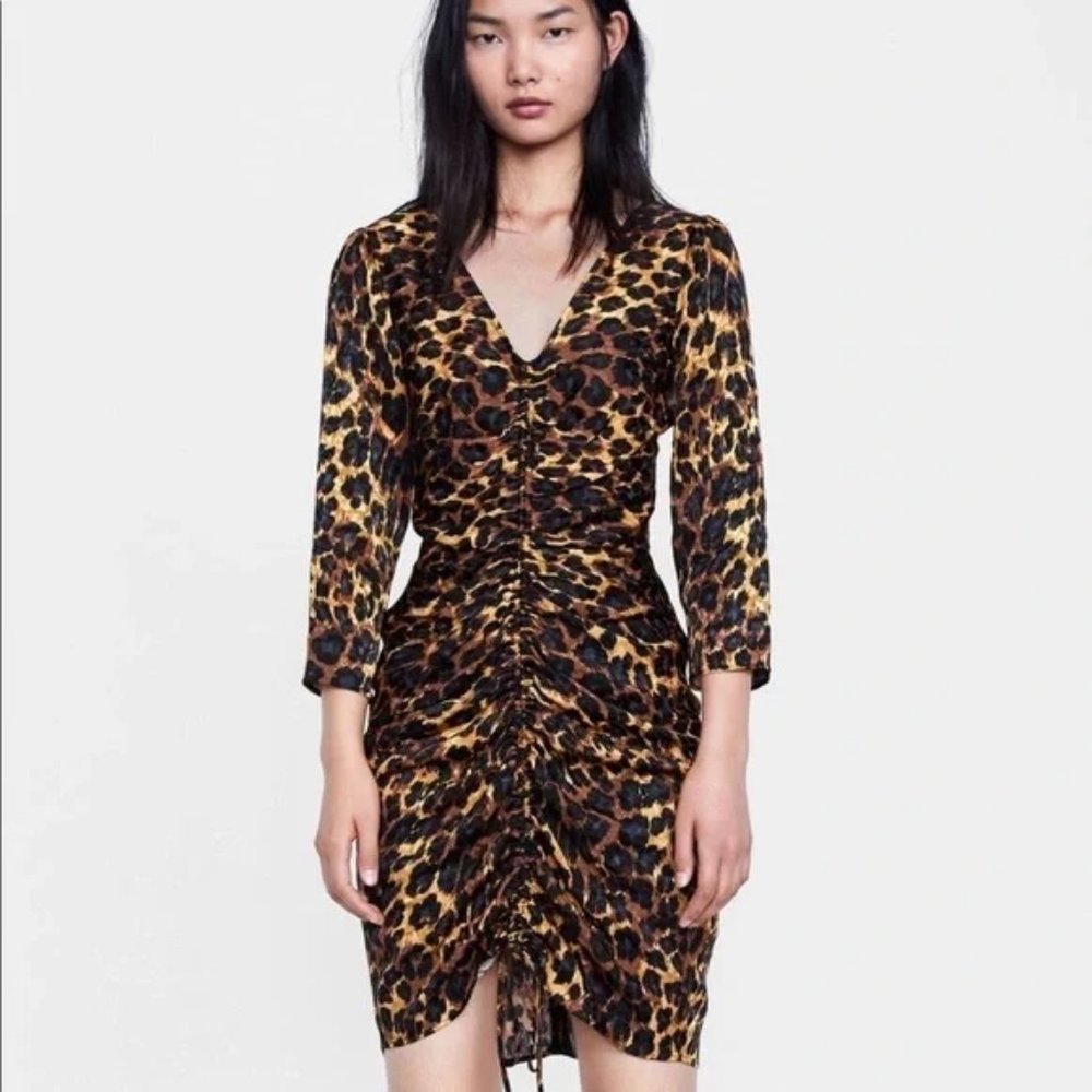 ZARA Ruched Front Leopard Print Dress